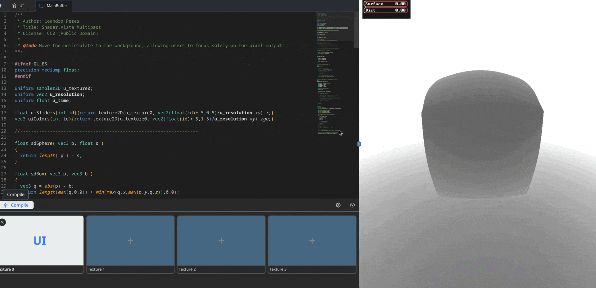 Interface displaying multipass WebGL fragment shader editing