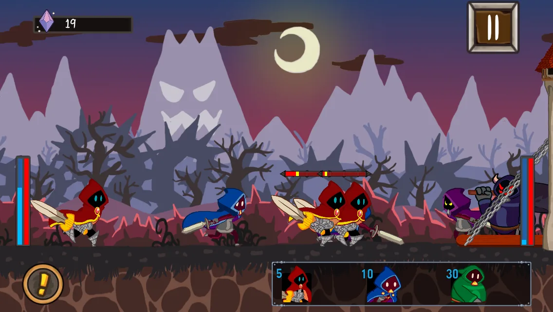 Robed troops battling on a moonlit side-scrolling battlefield
